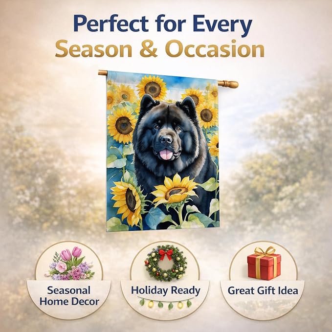 Caroline's Treasures DAC6054CHF Chow Chow in Sunflowers House Flag Large Porch Sleeve Pole Decorative Outside Yard Banner Artwork Wall Hanging, Polyester, House Size, Multicolor