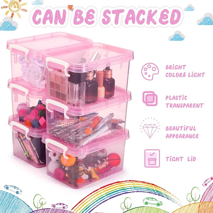Wenqik 6 Pack Colorful Plastic Storage Bins with Lids 4 Quart Small Storage Latch Box Stackable and Nestable Clear Organizer Bins with Latching Handle and Buckle for Organizing(Pink)