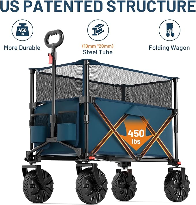Timber Ridge Foldable Wagon 350L Extendable Height, Large Capasity Collapsible Wagon Cart with All Terrians Detachable Wheels, Compact Folding Utility Wagon for Camping, Fishing, Shopping Navy