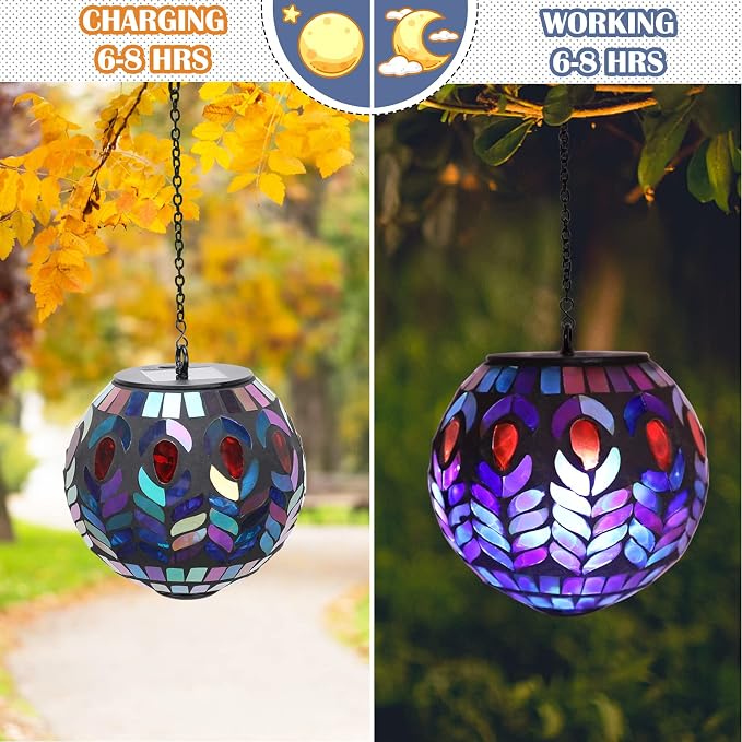 Mosaic Solar Lantern Outdoor Waterproof Glass Hanging Solar Lights, Black | Solar Hanging Lantern IP44 Waterproof Mosaic Gazing Ball with White LED Lights, Metal Hanging Chain, Outdoor Pathway Decor