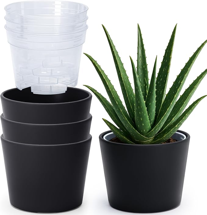 Phoenix Vine 6.6 Inch Black Plastic Cachepot with Clear Nursery Pot, Decorative Lightweight Planter Cover with Transparent Inner Pot for Indoor Houseplants, Pack of 4, 24-C-E-4