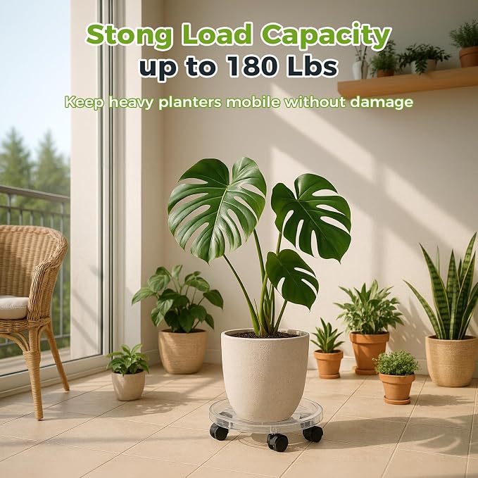 4 Packs 13 Inches Large Clear Plant Caddy Plant Saucers on Wheels Rolling Plant Stands Heavy-duty Plant Dolly Plastic Planter Roller Base Pot Movers Outdoor Plant Tray Coaster