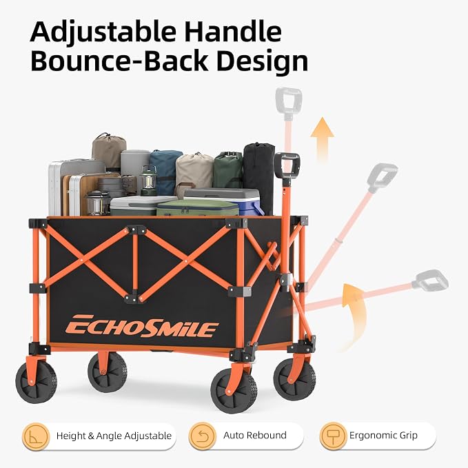 EchoSmile Lightweight Collapsible Wagon Cart, Compact Foldable Wagon for Grocery, Camping & Sports, Easy Fold Utility Wagon,Black&Orange