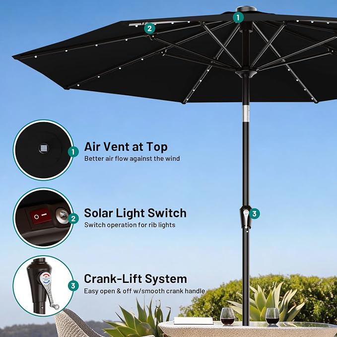 AreShark 9FT Patio Umbrella with Solar Lights, 32 Lighted Pool Umbrella w/Tilt and Crank, Outdoor Market Solar Umbrellas for Garden, Deck, Backyard, Pool and Beach, Black