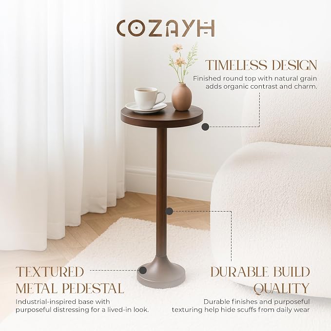 COZAYH Small Pedestal End Table, Living Room Accent Side Table - Display Stand with Wood Top & Distressed Finish Metal Base, Light Espresso