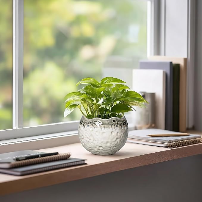 Ceramic Plant Pots 4 Inch - Small Ceramic Planter with Drainage Hole and Plug, Modern Unique Pots for Plants Indoor Outdoor, Decorative Round Planter, Home Decor, Garde Gifts, Beige-Grey