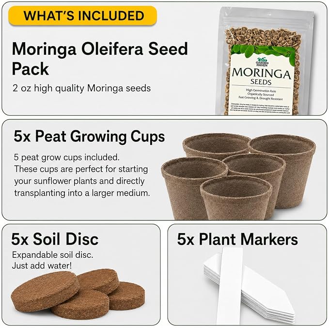 Moringa Oleifera Growing Kit, Moringa Seeds Complete Starter Set with 2 oz Seeds, 5 Peat Pots, Soil Discs, Plant Markers, Fast Growing Drought Resistant