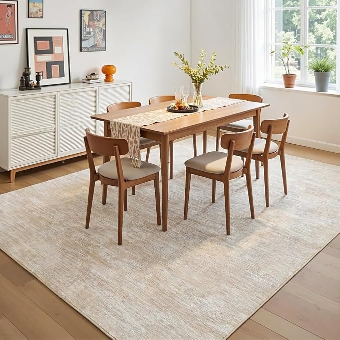 GarveeHome Bedroom Rugs 6x9 Solid Color Machine Washable Area Rugs for Living Room, Non Slip Non Shedding Modern Carpet Stain Resistant Low Pile Neutral Mats for Entryway Nursery Dining Room, Beige
