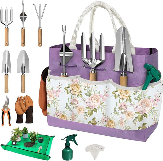 22Pcs Gardening Tools Set for Women Heavy Duty Garden Hand Tool Kit,Birthday Gifts for Mom Wife Grandma Beginner Gardening Accessories with Large Tote Bag/Shovel/Repotting Mat/Plant Labels/Gloves
