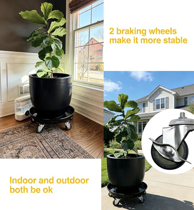 SIAMO 14" Heavy Duty Plant Caddy (400lbs Capacity)-Lockable Non-Scratch Swivel Casters Rolling Plant Stand Saucer for Large Ceramic Planters & Heavy Trees Indoor & Outdoor,2-Pack,Black