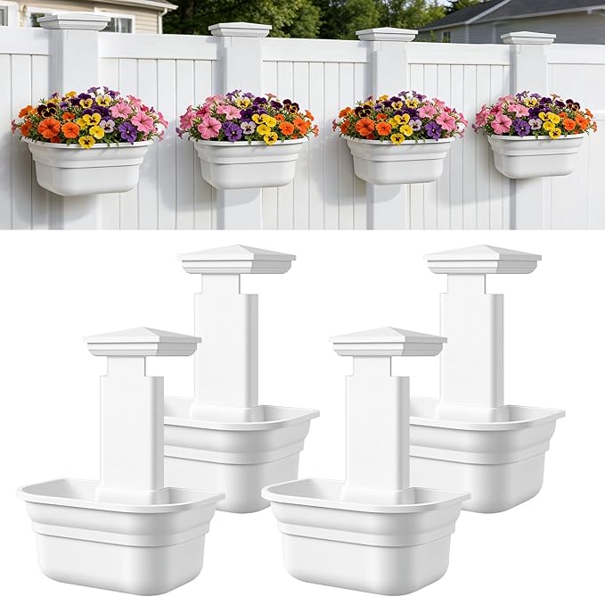 Hanging Planters for Outdoor Plants - Fence Hanging Planters for PVC Fence, Plant Hangers Hanging Plant Flower Pots White with Post Caps for Garden Yard Decor, Easy Install - 4 Pack