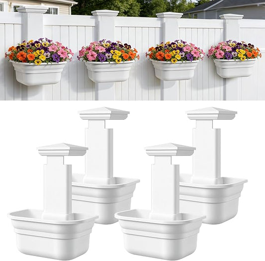 Hanging Planters for Outdoor Plants - Fence Hanging Planters for PVC Fence, Plant Hangers Hanging Plant Flower Pots White with Post Caps for Garden Yard Decor, Easy Install - 4 Pack