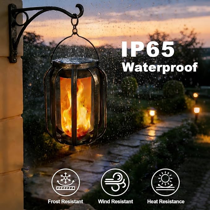 Solar Lanterns Outdoor Lights, 2 Pack Waterproof Flickering Flame Hanging Lights, Solar & USB Dual Charging, 2 Modes, Solar Pathway Lights for Yard, Garden, Patio, Tabletop, Holiday Decor