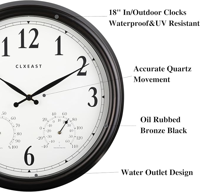 CLXEAST 18 Inch Outdoor Clocks for Patio Large Waterproof with Thermometer,18" Outdoor Wall Clock with Temperature and Humidity Combo,Weatherproof,Oil Rubbed Bronze