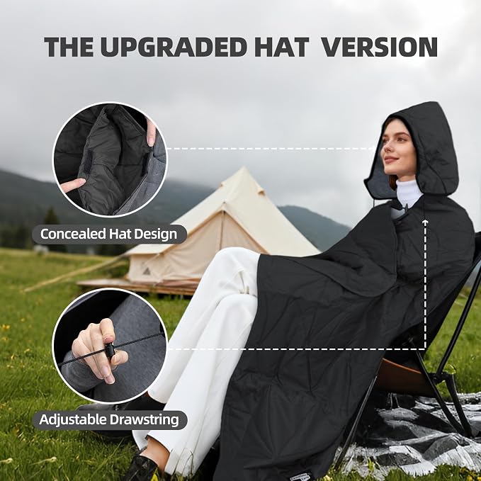 Large Waterproof Outdoor Blanket Thick Fleece 80" x 58" | Windproof Stadium Blanket, Wearable Poncho, Machine Washable for Camping, Car, Pet, Picnics - Black Gray Hooded