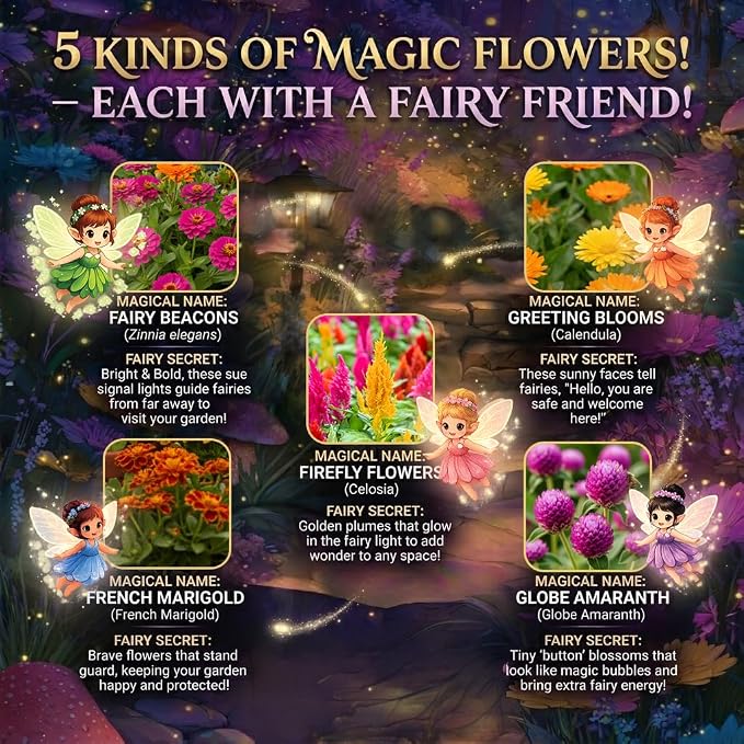 Fairy Garden Seed Kit – Flower Seeds Kit for a Magical Blooming Surprise – Wildflower Seeds for Pollinators, Butterfly Garden Starter, Indoor or Outdoor Planting - Introduce Kids to Gardening