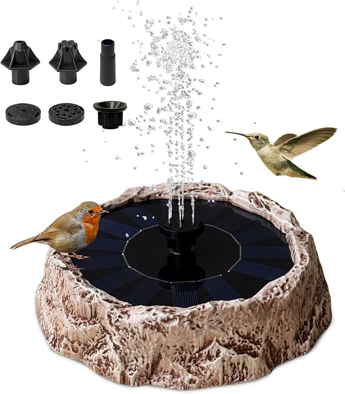 Upgrade Solar Fountain for Bird Bath Granite Rock Solar Water Fountain Pump with 6 Nozzles for Hummingbird Birdbath Lawn Fish Tank and Aquariums, High Efficiency & Anti-Clogging