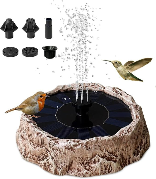 Upgrade Solar Fountain for Bird Bath Granite Rock Solar Water Fountain Pump with 6 Nozzles for Hummingbird Birdbath Lawn Fish Tank and Aquariums, High Efficiency & Anti-Clogging