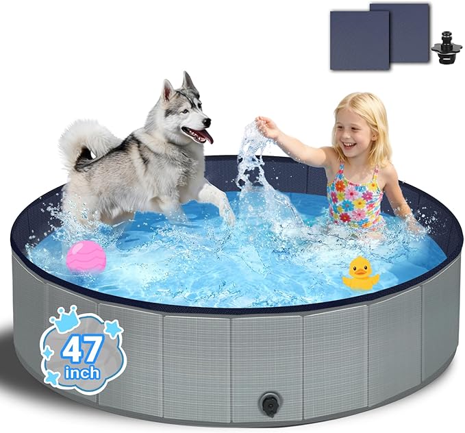 Dog Kiddie Pool for Small Medium Large Dogs, Kids, 47" Gray | Includes Repair Patches, Non-Slip Bottom, Scratch-Resistant, Collapse Prevention, Indoor & Outdoor Use, Easy Maintenance