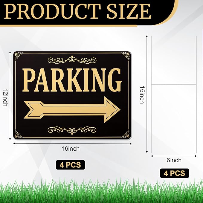 Menkxi 10 Pcs Wedding Parking Sign with Stake, Double-sided Parking Direction Signs, Corrugated Plastic Black & Gold Yard Signages for Party Outdoor Events – Includes 17" x 6" and 12" x 16" Sizes
