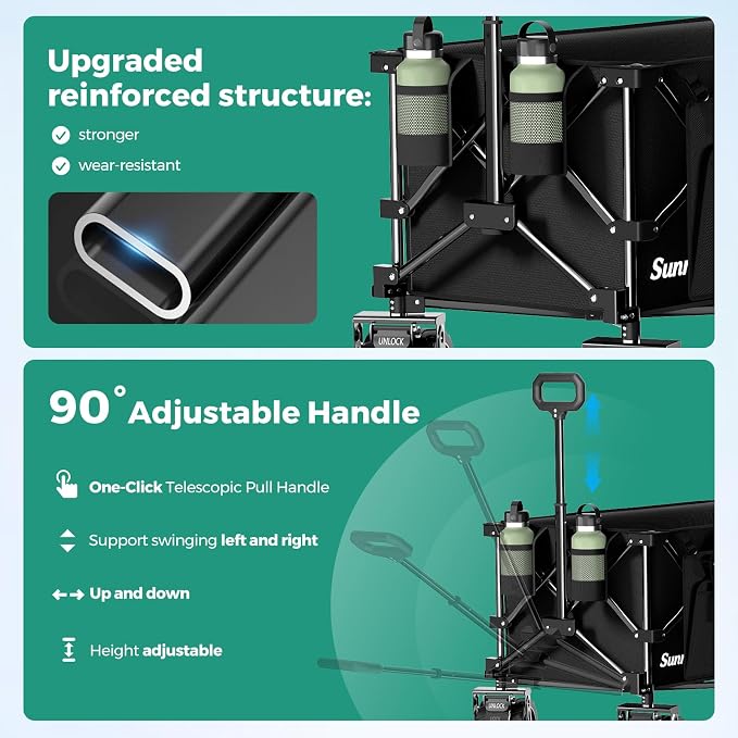 SUNNYFEEL 49" L Extended Wagon Cart Foldable - 550LBS Heavy Duty | Extra Long Collapsible Wagon with Big All-Terrain Wheels , Utility Carts for Camping, Beach, Groceries, Sports - Black