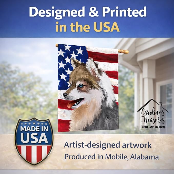 Caroline's Treasures CK6390CHF Alaskan Klee Kai American Flag House Flag Large Porch Sleeve Pole Decorative Outside Yard Banner Artwork Wall Hanging, Polyester, House Size, Multicolor