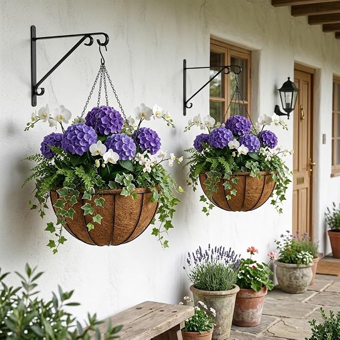 14 Inch Metal Hanging Basket with Coco Coir Liner for Flowers Planting, 2 Pack Hanging Baskets for Plants Outdoor, Round Wire Planters with Chain for Home Patio Porch Balcony Garden Decor