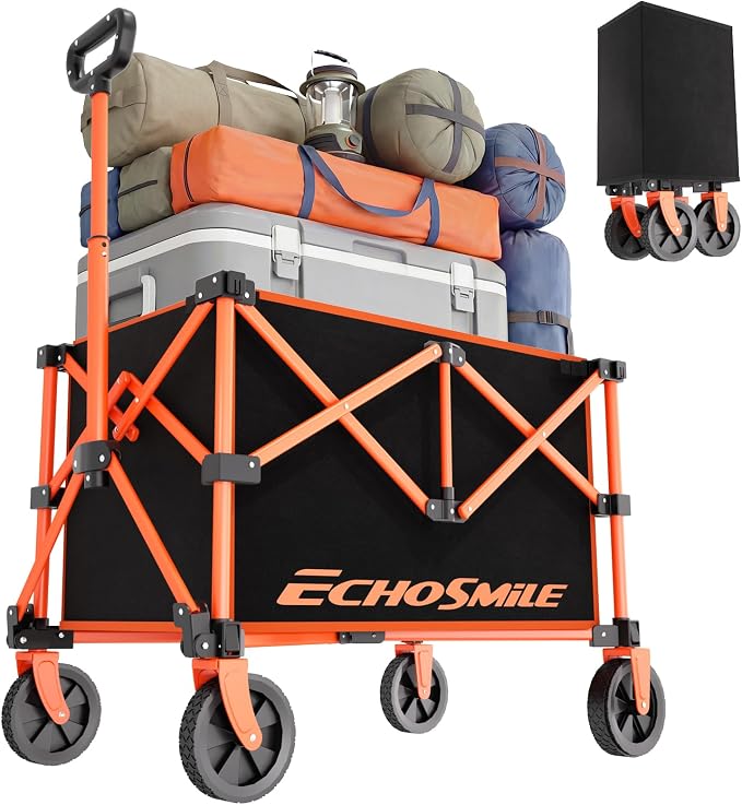 EchoSmile Lightweight Collapsible Wagon Cart, Compact Foldable Wagon for Grocery, Camping & Sports, Easy Fold Utility Wagon,Black&Orange