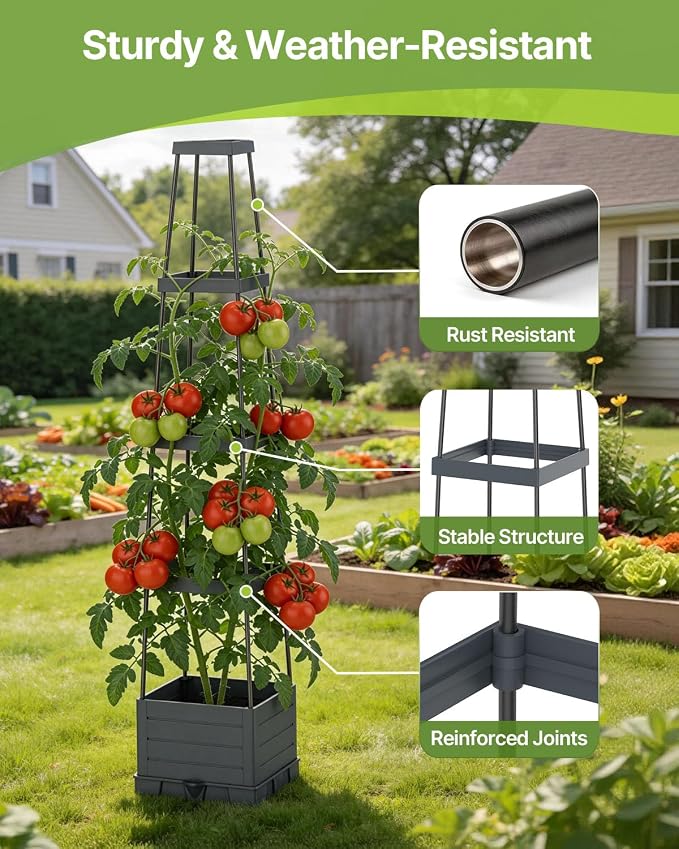 Suteck Raised Garden Bed Planter Box with Trellis, 4-Pack Self-Watering Tomato Planter with Adjustable Height Steel Support Frame for Climbing Plants, Tomato Cages for Patio, Balcony & Outdoor