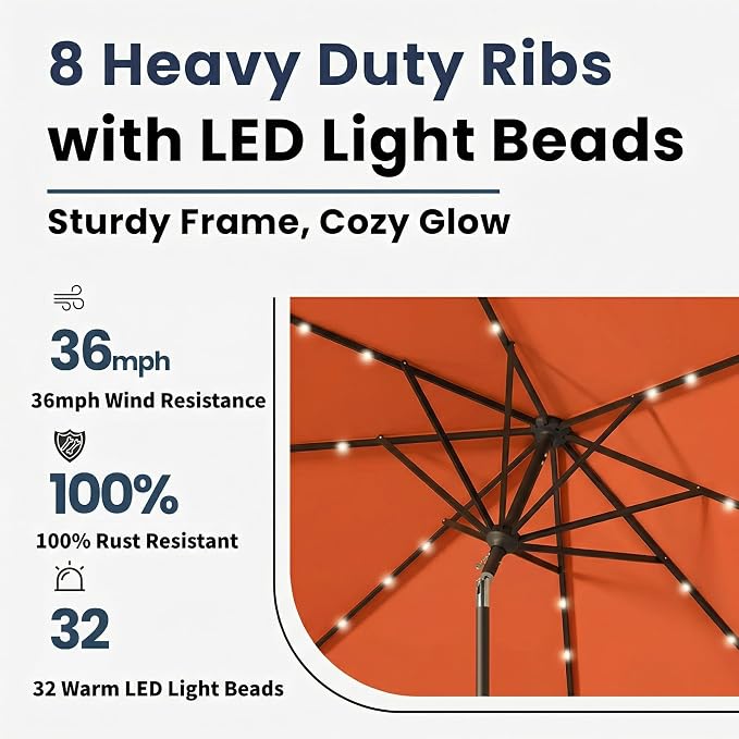 10FT Solar Umbrella 32 LED Lighted Patio Umbrella Table Market Umbrella w/Tilt and Crank, UV-Resistant Outdoor Umbrella for Pool, Garden, Deck, Terracotta