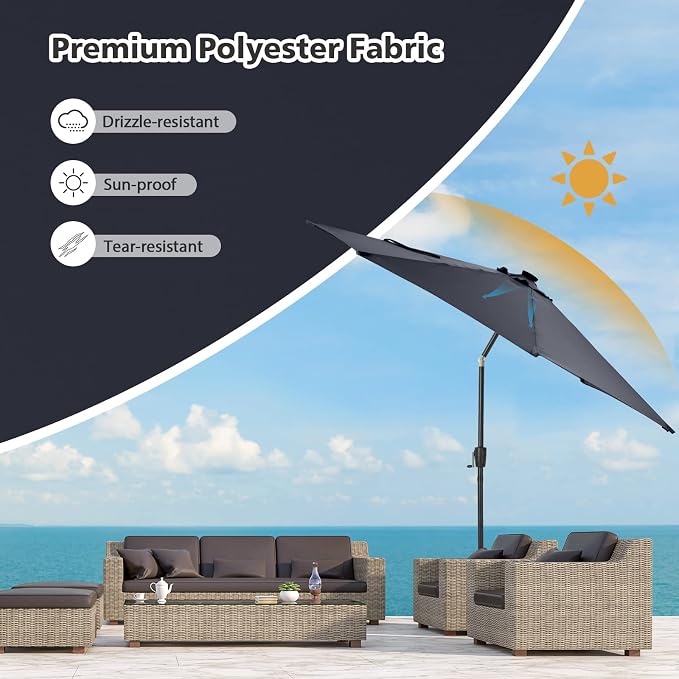 HAPPYGRILL 10 FT Solar Patio Umbrella with 112 LED Light, Outdoor Umbrella with Tilt Adjustment, Crank System, 8 Metal Ribs & Vented Top, Deck Table Market Umbrella for Garden Pool Deck Yard