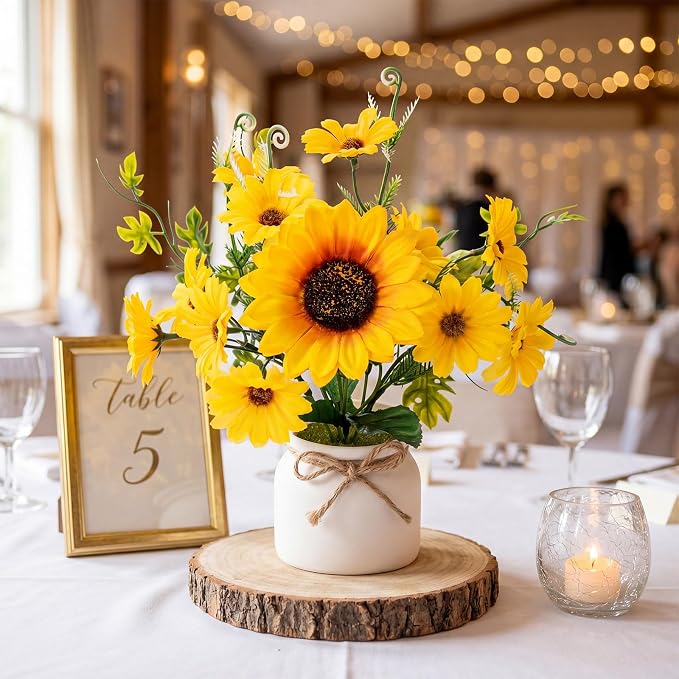 Zeyune 12 Pcs Sunflower Potted Plants Rustic Summer Spring Kitchen Wedding Table Centerpieces Silk Yellow Fake Flower with Plastic Pot for Home Bathroom Office (White,Daisy)