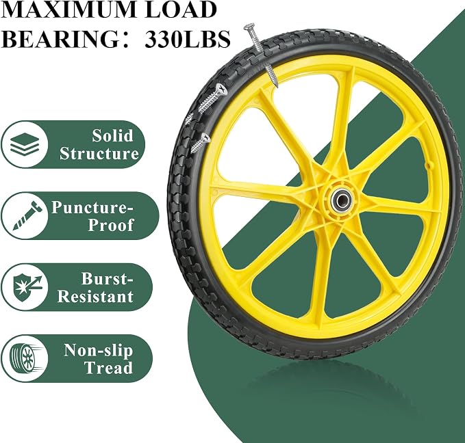 20” Flat Free Wheelbarrow Tires, 5/8” Extra 3/4”Bearing, with 2.45” Centered Hub, Replacement for Rubbermaid Wheelbarrow wheels, Garden Yard Cart, Big Wheel Utility Carts (Yellow, 2 pick)