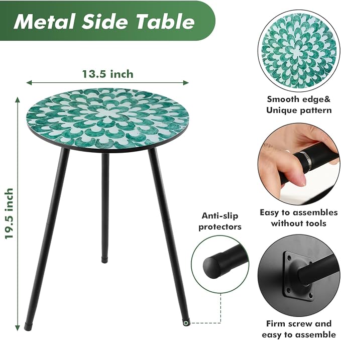 2 Pack Metal Mosaic Round Side Tables 13.4" Small Outdoor Patio Round Accent Coffee Tables Indoor Corner Stand for Small Spaces Weather-Resistant for Balcony Plant Stands Indoor, Green Floral Mandala