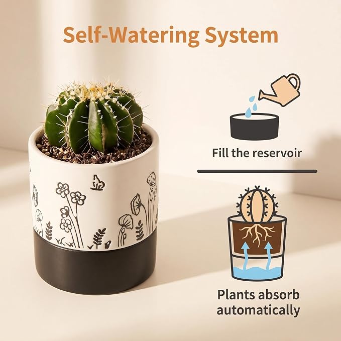 Nihow Self Watering Pots for Indoor Plants,4.5 Inch,White,Hand Painting | Ceramic Planter, Drainage Hole & Water Storage Plus, Cylinder Round Flower Pot, For Succulent/Herbs/Violets