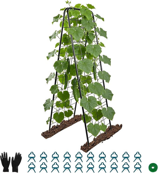 Perszen 50.39"x16.93" Sturdy Cucumber Trellis for Raised Garden Bed, Rustproof Metal Garden Trellis for Climbing Plants Outdoor, A-Frame Vertical Arch Trellis for Vegetables, Cucumber, Pea, Black