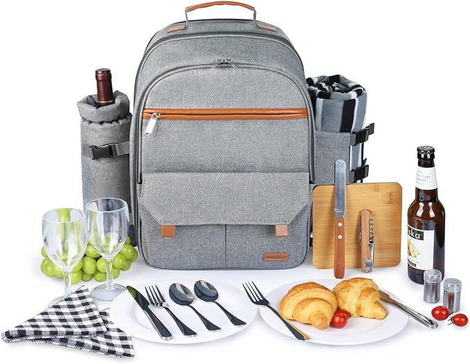 Sunflora Insulated Picnic Backpack for 2 Person Bag with Cooler Compartment, Wine Pouch, Blanket and Stainless Steel Cutlery Set for Couple, Lovers and Friends (Grey)