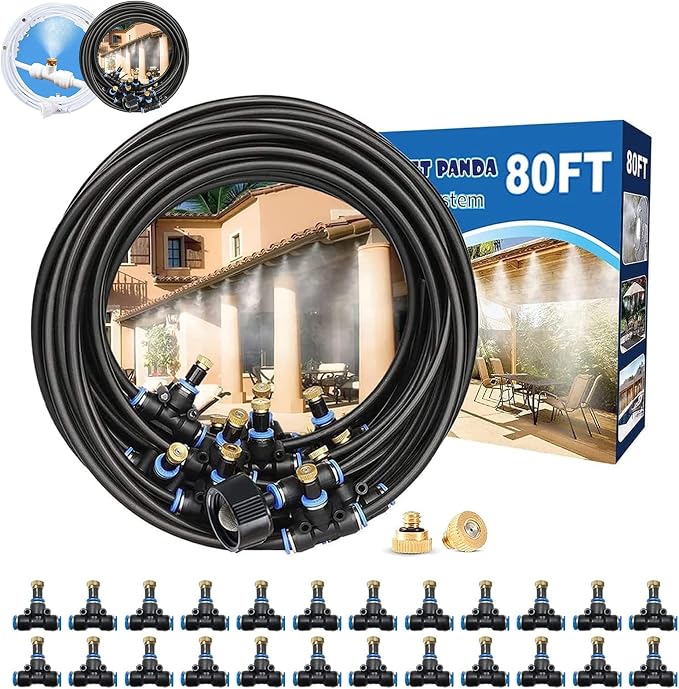 Misters for Outside Patio, 80FT|24M Outdoor Water Misting Cooling System. Backyard Mist Kit for Garden Greenhouse Fan Deck Umbrella Canopy Pool Porch Trampoline Sprinkler Park BBQ Party Accessories