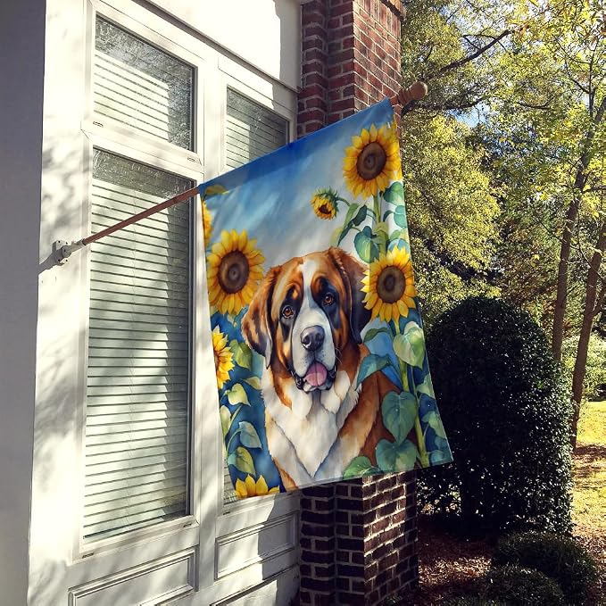 Caroline's Treasures DAC6151CHF Saint Bernard in Sunflowers House Flag Large Porch Sleeve Pole Decorative Outside Yard Banner Artwork Wall Hanging, Polyester, House Size, Multicolor