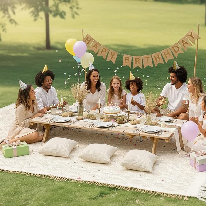 Beeveer Extra Large Outdoor Boho Picnic Blanket 118'' x 71'' Beige White Table Runner 6 Throw Pillow Cover Woven Cotton Yarn Oversize Beach Blanket Washable for Picnic Camp Wedding
