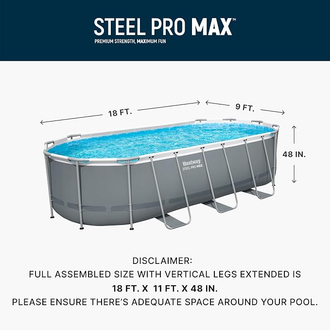 Bestway Steel Pro MAX 18' x 9' x 48" Above Ground Pool Set with Pump | Durable Oval Metal Frame Outdoor Backyard Swimming Pool, Puncture-Resistant Liner - Ladder and Cover Included, Gray