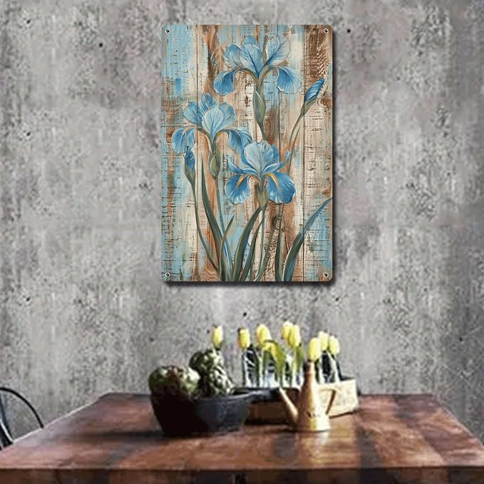 Metal Sign Tin Sign Vintage Wall Art Shabby Chic Irises Tin Sign for Rustic Wall Art Antique Artistry and Distressed Wood Surfaces Funny Bathroom Decor for Bar 8×12 Inches