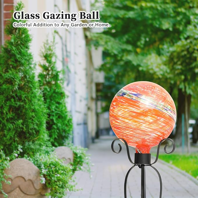 VCUTEKA Gazing Ball, Glass Gazing Balls Garden Globe Decor 10" Orange | Handcrafted orange swirl glass gazing balls that creates elegant garden focal point in any outdoor landscape yard decorative