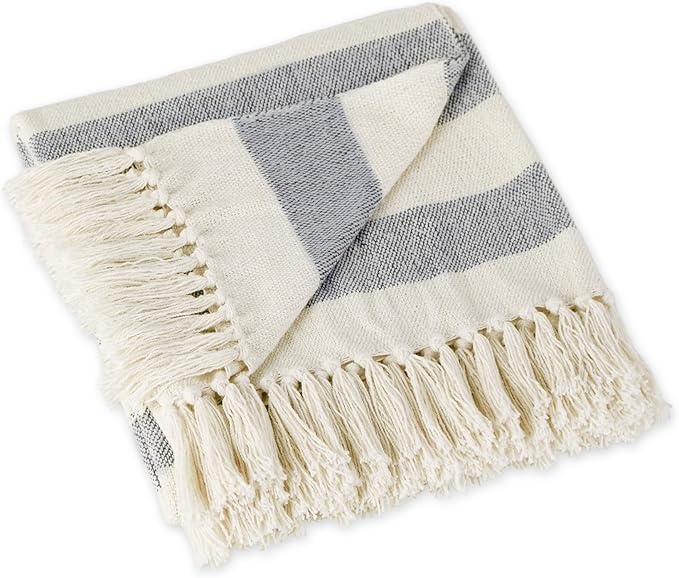 DII Rustic Farmhouse Cotton Cabana Striped Blanket Throw with Fringe, 50 x 60 - Cabana Striped Off-White with French Blue