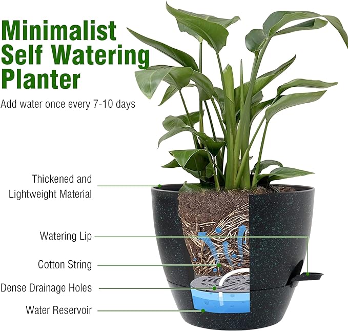 WSMKSZ 12/10/9 inch Large Self Watering Pots, Planter, Plant Pots with Mesh Drainage Holes for Indoor Outdoor Garden Plants, Plastic Flower Pots with Deep Reservoir, Black with Green Speckles