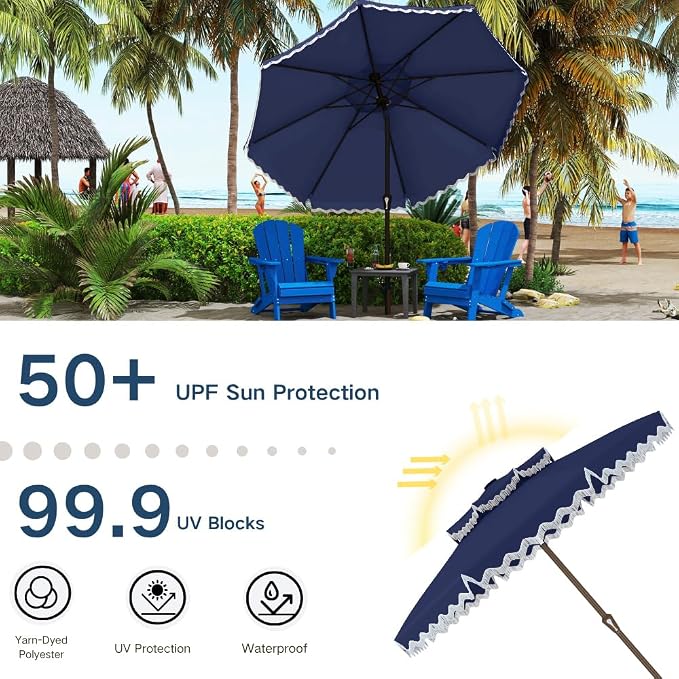 Patiokingdom 9FT Patio Umbrella with Fringe,Tassel Umbrella UPF 50+ & Push-Button Tilt,Rust-Resistant Fiberglass Frame for Pool,Garden,Backyard,Yard (Navy)