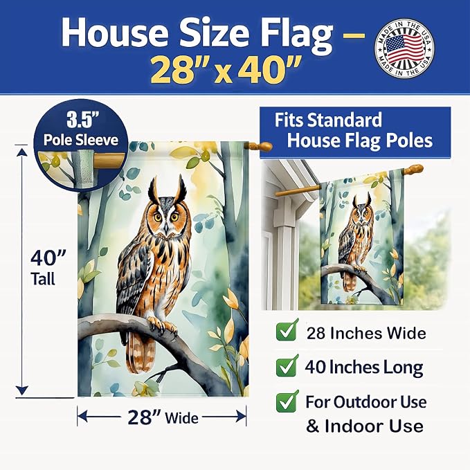 Caroline's Treasures LongEared Owl House Flag Large Porch Sleeve Pole Decorative Outside Yard Banner Artwork Wall Hanging, Polyester, House Size, Multicolor