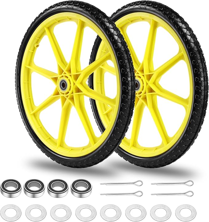20"" Flat Free Tire and Wheel with 3/4"" & 5/8"" Bearing, Replacement Wheels for Rubbermaid Wheelbarrow,Lawn Carts, Big Wheel Utility Carts and Garden Yard Cart, 2 Pcs Yellow