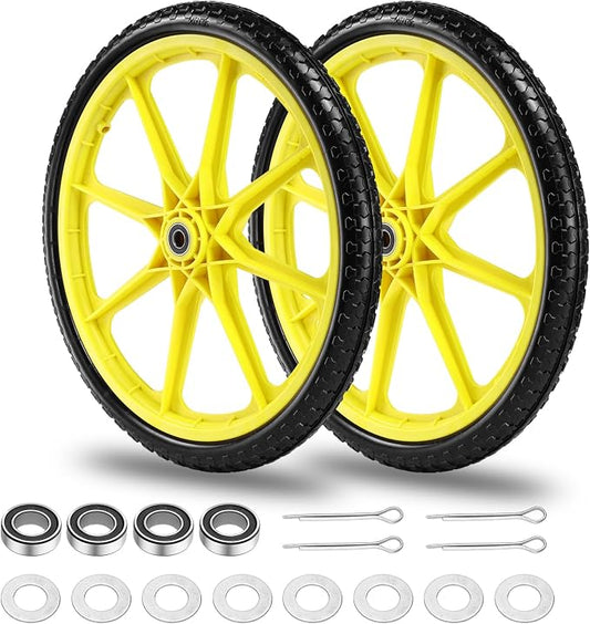 20"" Flat Free Tire and Wheel with 3/4"" & 5/8"" Bearing, Replacement Wheels for Rubbermaid Wheelbarrow,Lawn Carts, Big Wheel Utility Carts and Garden Yard Cart, 2 Pcs Yellow