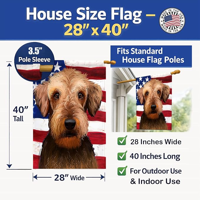 Caroline's Treasures CK6385CHF Airedale Terrier American Flag House Flag Large Porch Sleeve Pole Decorative Outside Yard Banner Artwork Wall Hanging, Polyester, House Size, Multicolor